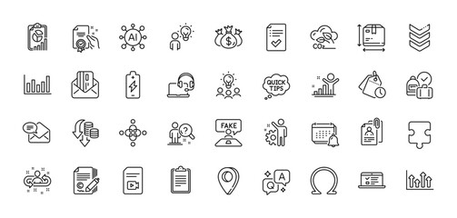 Check investment, Employee and Box size line icons pack. AI, Question and Answer, Map pin icons. Battery charging, Puzzle, Co2 gas web icon. Vector