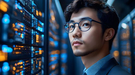 A focused individual in a server room, symbolizing technology and data.