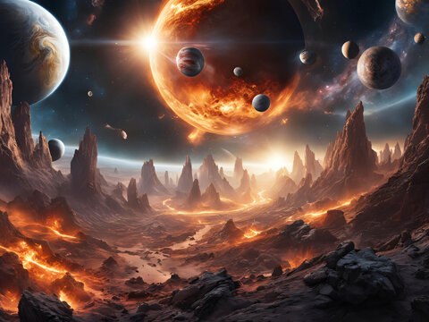 collision of planets, an unthinkable vision of a planetary catastrophe, alien planets in an intriguing and brutal vision
