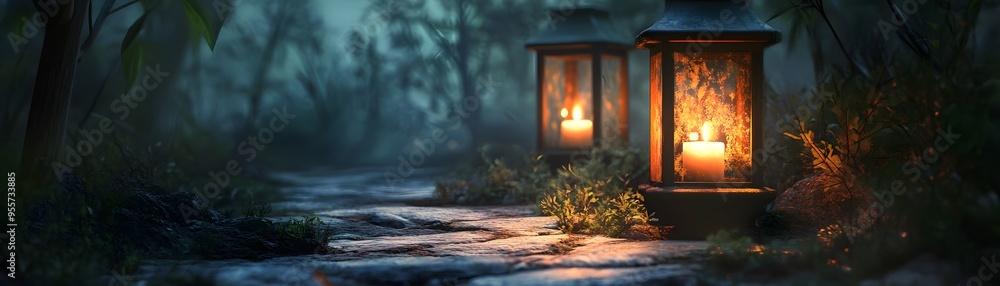 Poster a serene forest path illuminated by glowing lanterns, creating a tranquil and enchanting atmosphere 