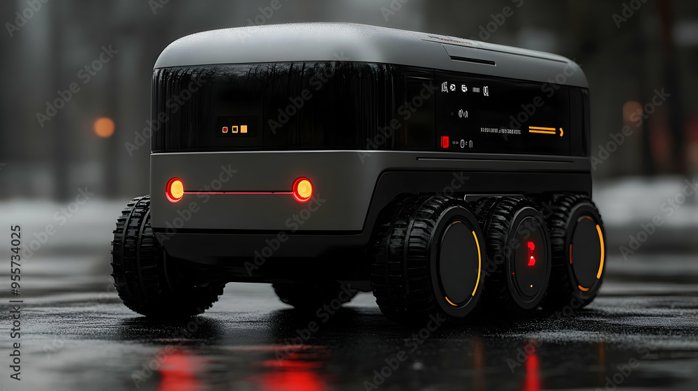 Poster a futuristic delivery robot with a sleek design on a wet surface.