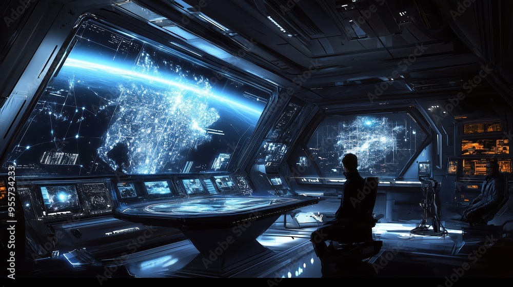 Poster a futuristic control room filled with high-tech screens displays planet earth and its data in a spac