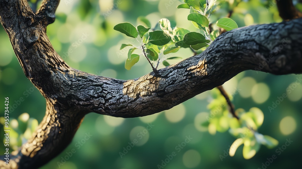 Poster close-up view of an intricately textured tree branch with vibrant green leaves under soft sunlight i