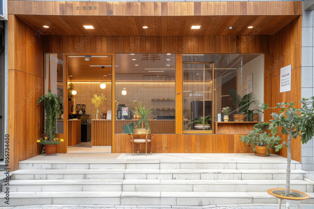 Wall mural A wooden building with a glass door and a potted plant in front of it