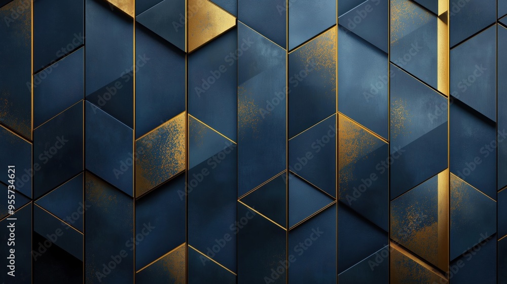 Poster a blue and gold patterned wall with a gold border. the pattern is made up of triangles and squares