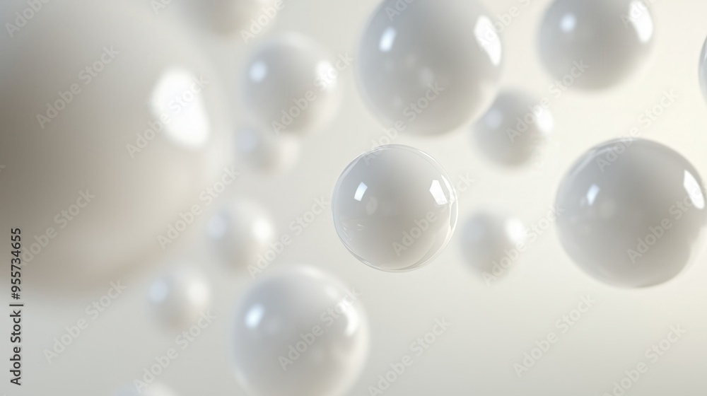 Poster a bunch of white spheres are floating in the air. the spheres are all different sizes and are scatte
