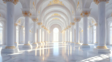 Obraz premium A grand, luminous hall with marble columns and golden accents.