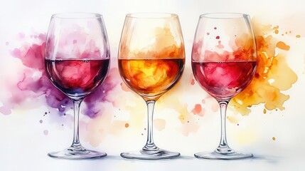 whimsical watercolor illustration of three wine glasses filled with pink red and yellow splashes on crisp white background