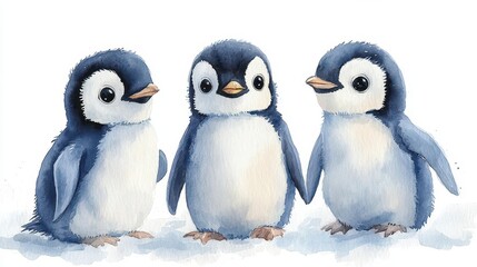 Naklejka premium whimsical watercolor nursery print featuring playful baby penguins in pastel hues minimalist flat style with clean white background and gentle duotone palette