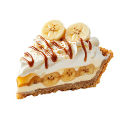 Slice of delicious banoffee pie with whipped cream and caramel drizzle, perfect for dessert. Tempting treat for any occasion.