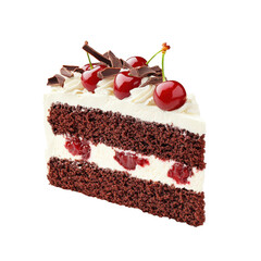 Slice of Black Forest cake with cherries, cream, and chocolate garnishing. Perfect for dessert visuals and bakery promotions.