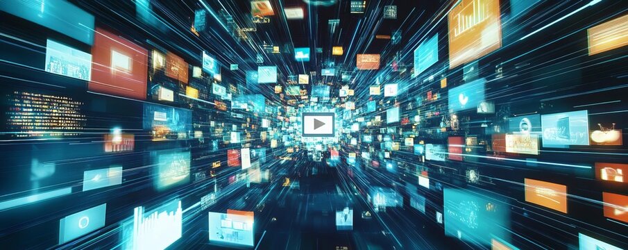 Illustration of a search engine query generating a stream of diverse digital content like articles, videos, and images
