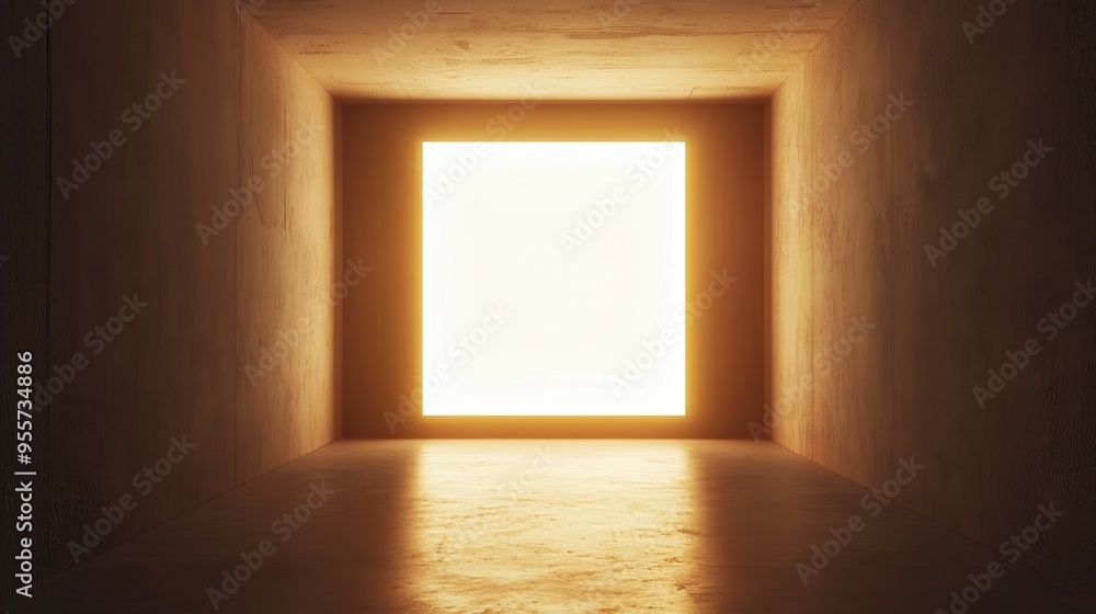 Poster a dark room with a square window in the middle. the window is lit up with a bright light