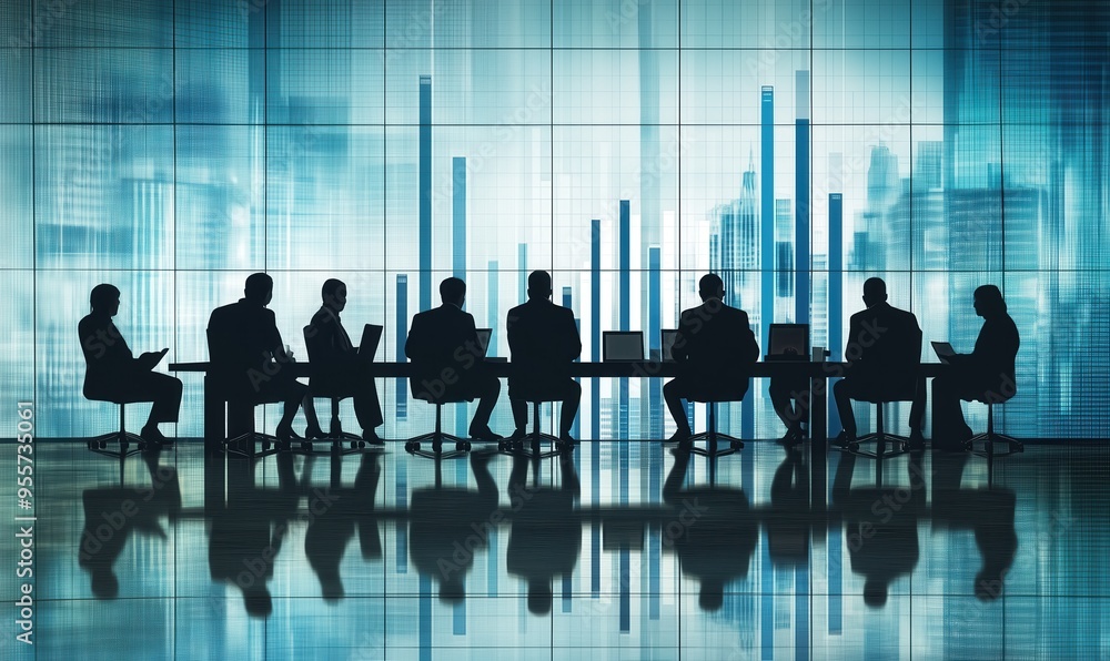 Poster a group of people are sitting at a table in a room. the room is filled with a blue and white color s