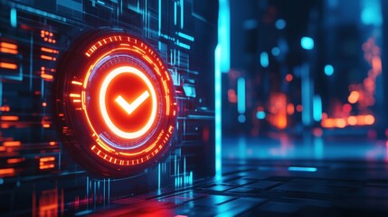 A glowing red circle with a white check mark in the center. The circle is surrounded by a blue background