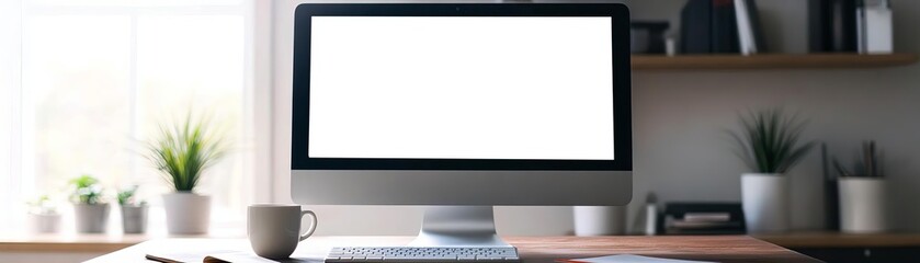 Highquality photo of a computer monitor displaying search engine results with a cup of coffee and a notepad on the desk