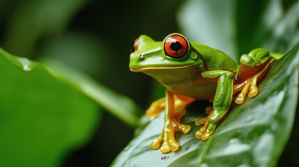 Obraz premium A green frog with red eyes is sitting on a leaf. The frog is surrounded by green leaves and is the main focus of the image