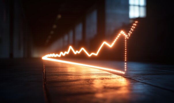 A graph is shown in a dark room with a bright orange line. The graph is a downward trend, which could represent a decrease in value or a decline in a particular metric