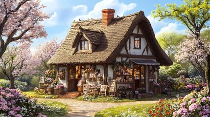 An illustration of a quaint countryside shop with a thatched roof, surrounded by blooming flowers and trees, in a charming, storybook style