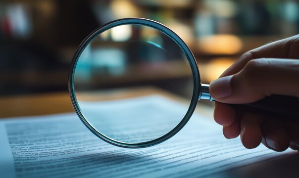 A person is holding a magnifying glass over a piece of paper. The paper appears to be a contract or some other legal document. The person is examining the document closely
