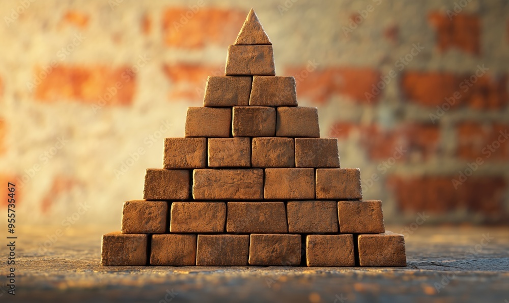 Poster a stack of brown bricks is piled on top of each other to form a pyramid. the pyramid is made up of m