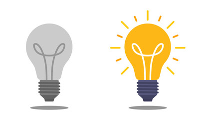 Illustration of turned off and on light bulbs. Gray turned off light bulb and yellow turned on light bulb. Flat design style graphic. 
