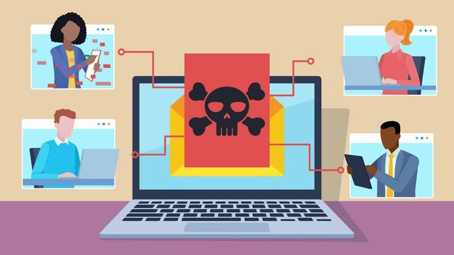 E-mail with virus takes over computer and hacks company chat. Employee tiles are taken over by virus. Virus infects all connections. Flat design animation. Desk, laptop.