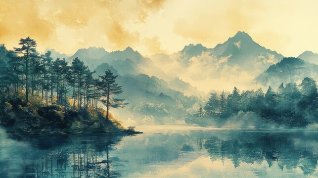 japanese nature art, peaceful landscape art in ukiyo-e style, capturing timeless beauty of nature in vintage japanese art