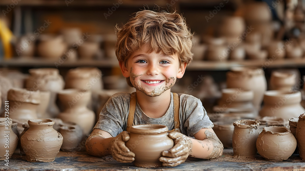 Poster a joyful child playing with clay pots in a workshop.