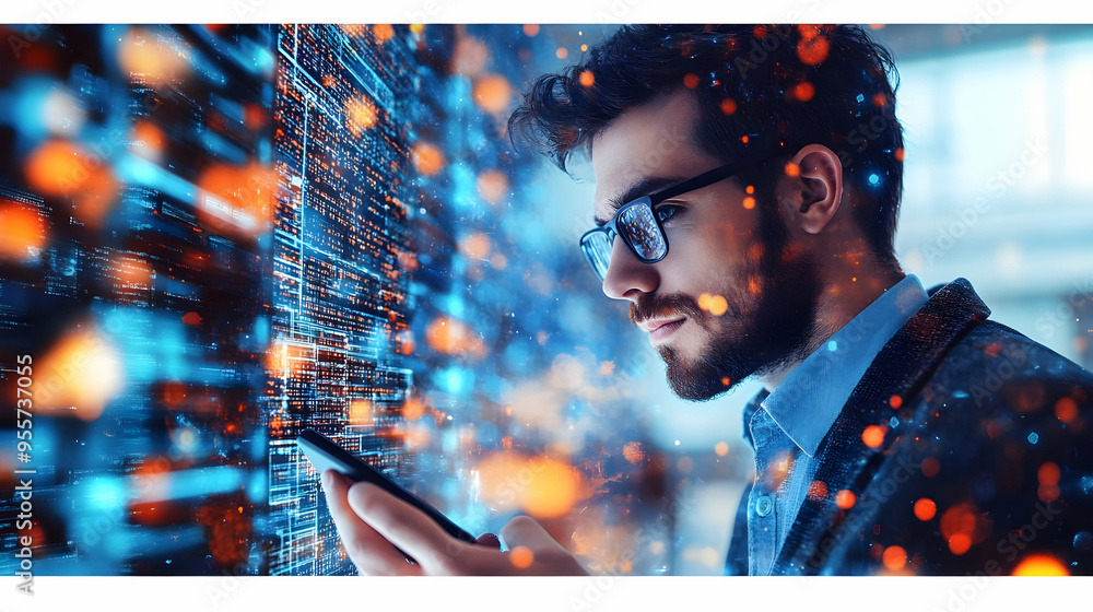 Poster a man using a smartphone in a technology-inspired environment.