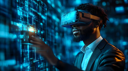 A man using virtual reality technology in a digital environment.
