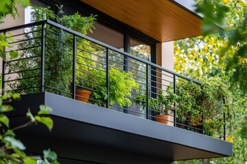 A modern balcony with plants and black railing. This image is perfect for showcasing contemporary architecture and urban living.