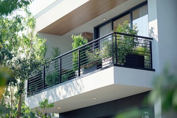 Modern balcony with black railing. This photo shows a modern balcony with a black railing, perfect for showcasing architectural design.