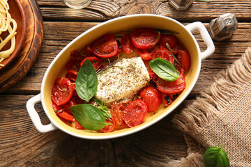Baking dish with tasty tomatoes and feta cheese on wooden background