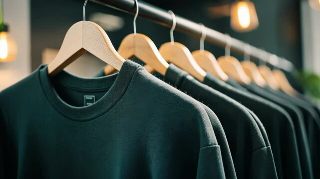 Row of black t-shirts hanging on wooden hangers in closet or retail store. Minimalist wardrobe organization or fashion boutique display. Sustainable clothing and capsule wardrobe concept