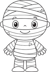 Cute mummy character, black and white Halloween illustration. Wrapped in bandages, perfect for kids' Halloween activities, coloring books, or as a graphic element for festive designs