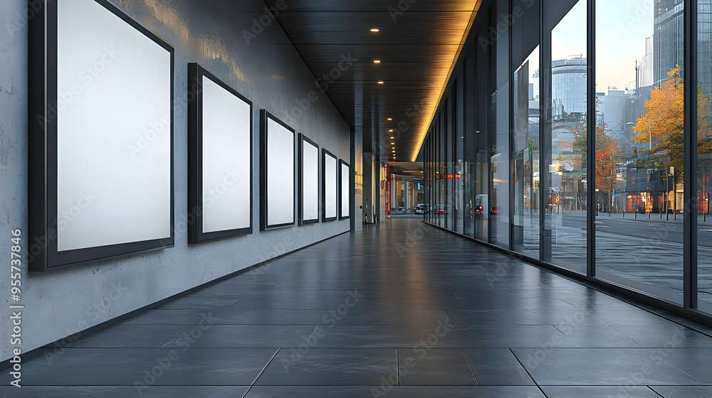 Aufkleber a modern hallway with empty frames and large windows.