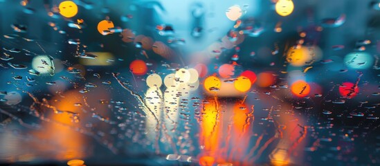 Blurred Background Street Lights Through The Windshield With Rain Drops