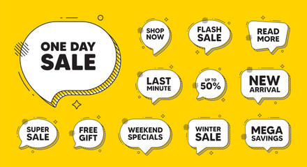 Obraz premium Offer speech bubble icons. One day sale tag. Special offer price sign. Advertising Discounts symbol. One day chat offer. Speech bubble discount banner. Text box balloon. Vector