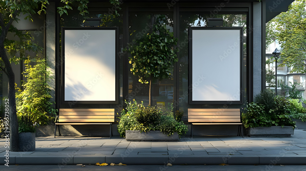 Poster a modern storefront with empty displays and greenery.