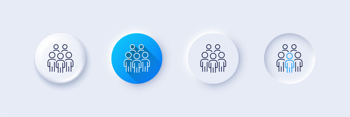 Group people line icon. Neumorphic, Blue gradient, 3d pin buttons. Business conference sign. Team meeting symbol. Line icons. Neumorphic buttons with outline signs. Vector