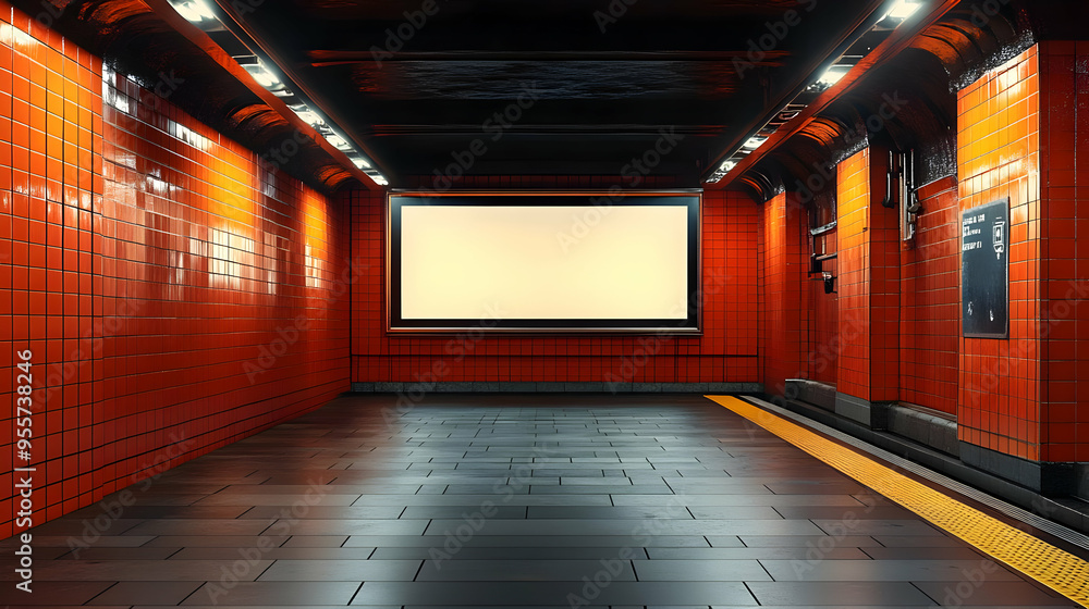 Poster a modern subway station with orange tiles and empty platform.