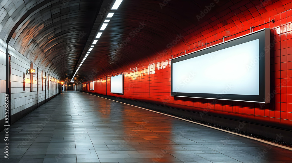 Poster a modern subway station with red walls and empty advertisement spaces.