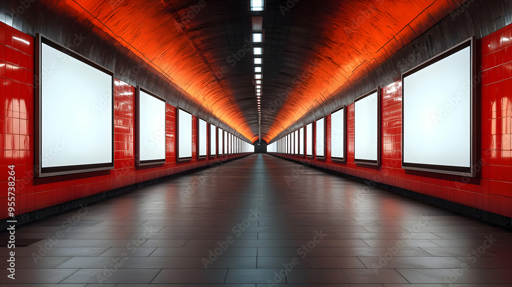 Poster a modern subway tunnel with illuminated walls and empty frames.