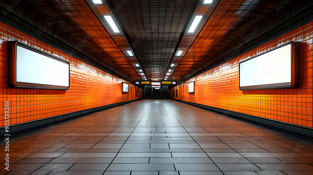 Poster a modern subway tunnel with vibrant orange walls and empty platform.