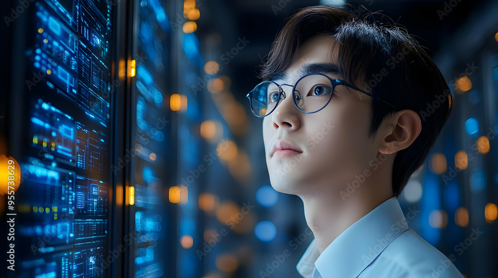 Poster a person observing data displays in a high-tech environment.