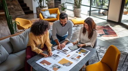 A creative team collaborates on a design project in a modern workspace filled with plants during the afternoon
