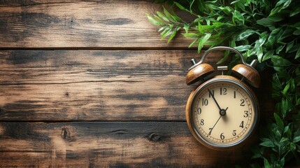 morning routine concept with alarm clock on wooden desk, ideal for banners with space for text
