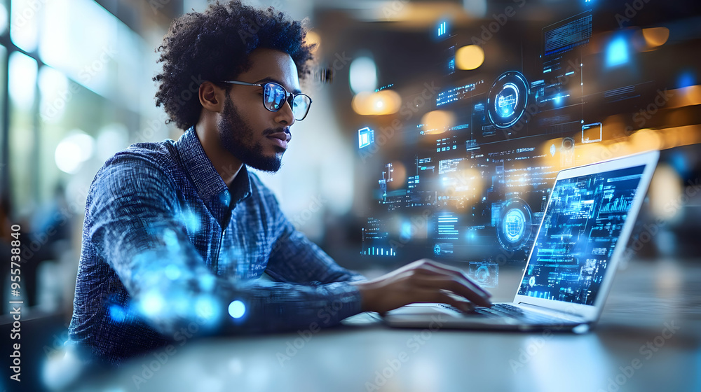 Poster a person using a laptop with digital data overlay in a modern setting.