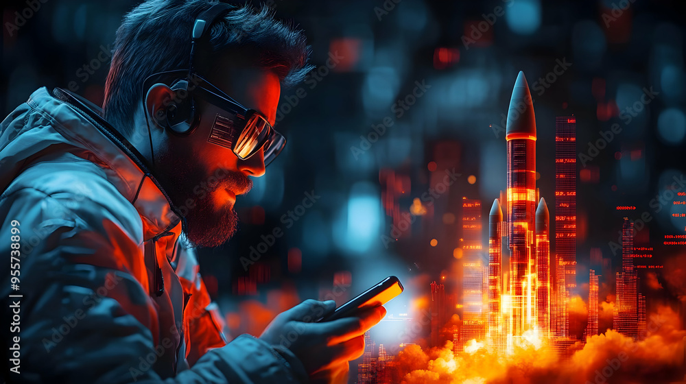 Poster a person using a smartphone with a rocket launching in the background.